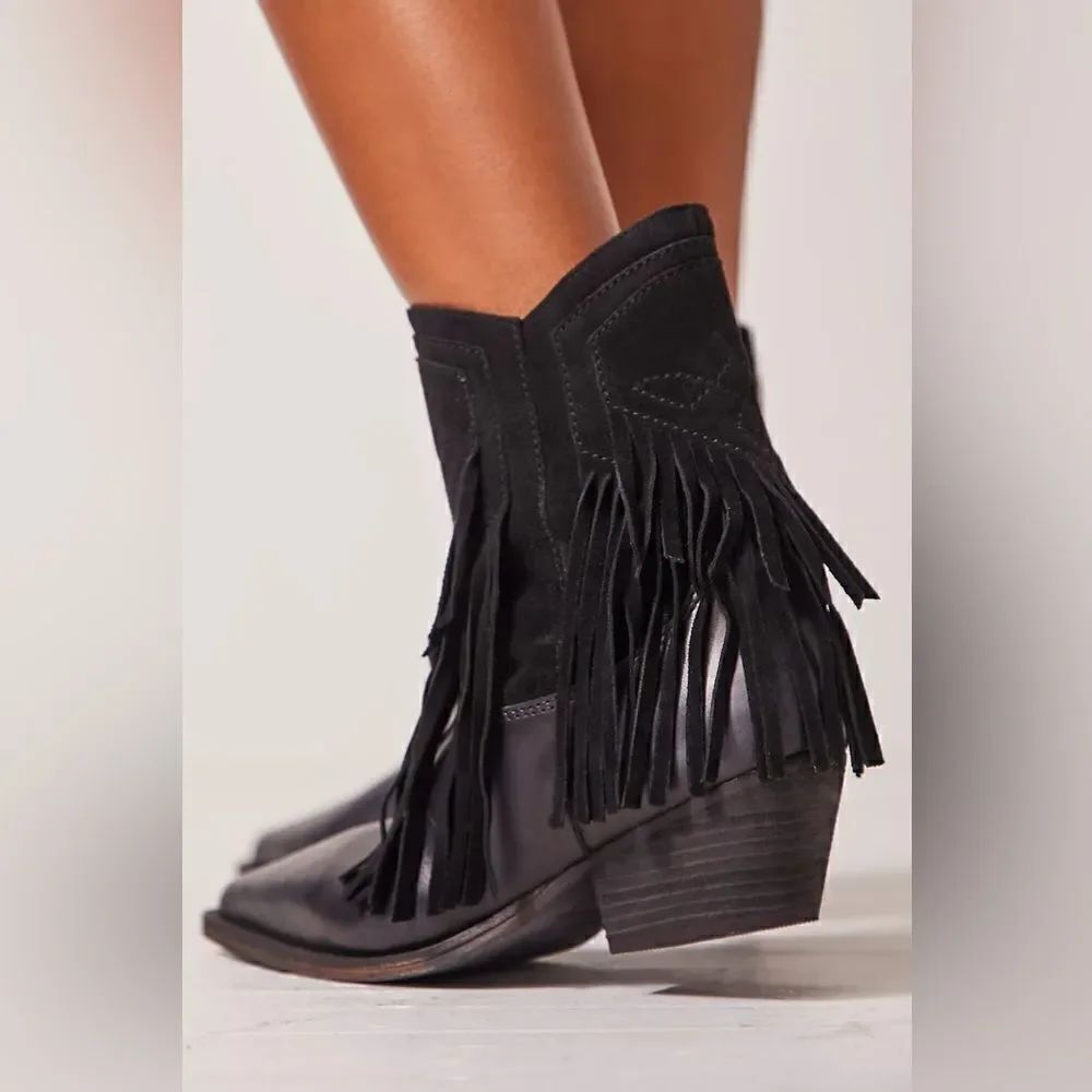 NEW FREE PEOPLE LAWLESS FRINGE WESTERN SUEDE ANKLE BOOT IN BLACK - Picture 2 of 10